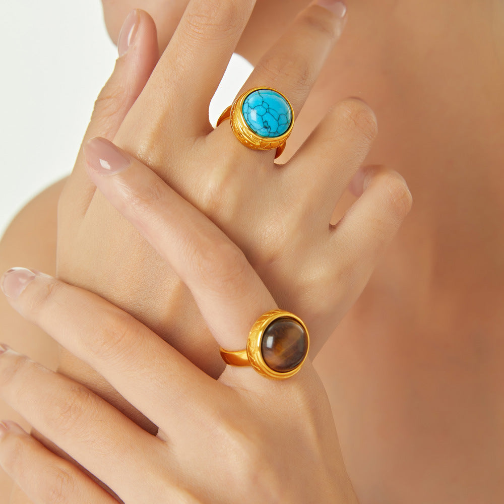 Tiger's Eye Titanium Steel Open Ring with Retro Lace Design