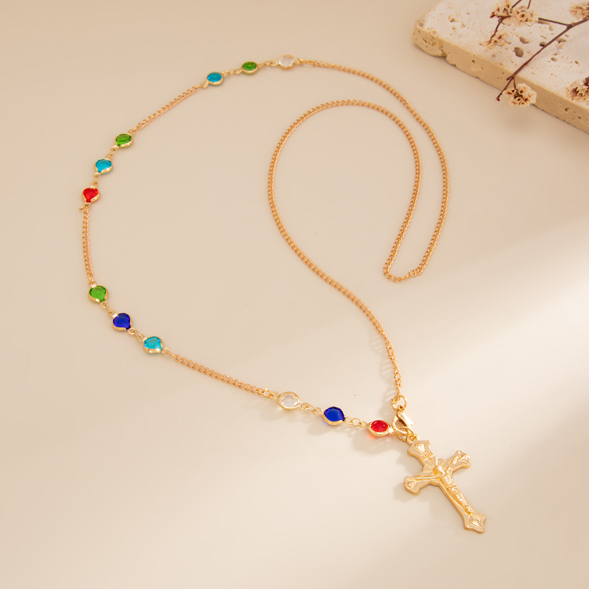 Crystal-Style Cross Back Chain Necklace