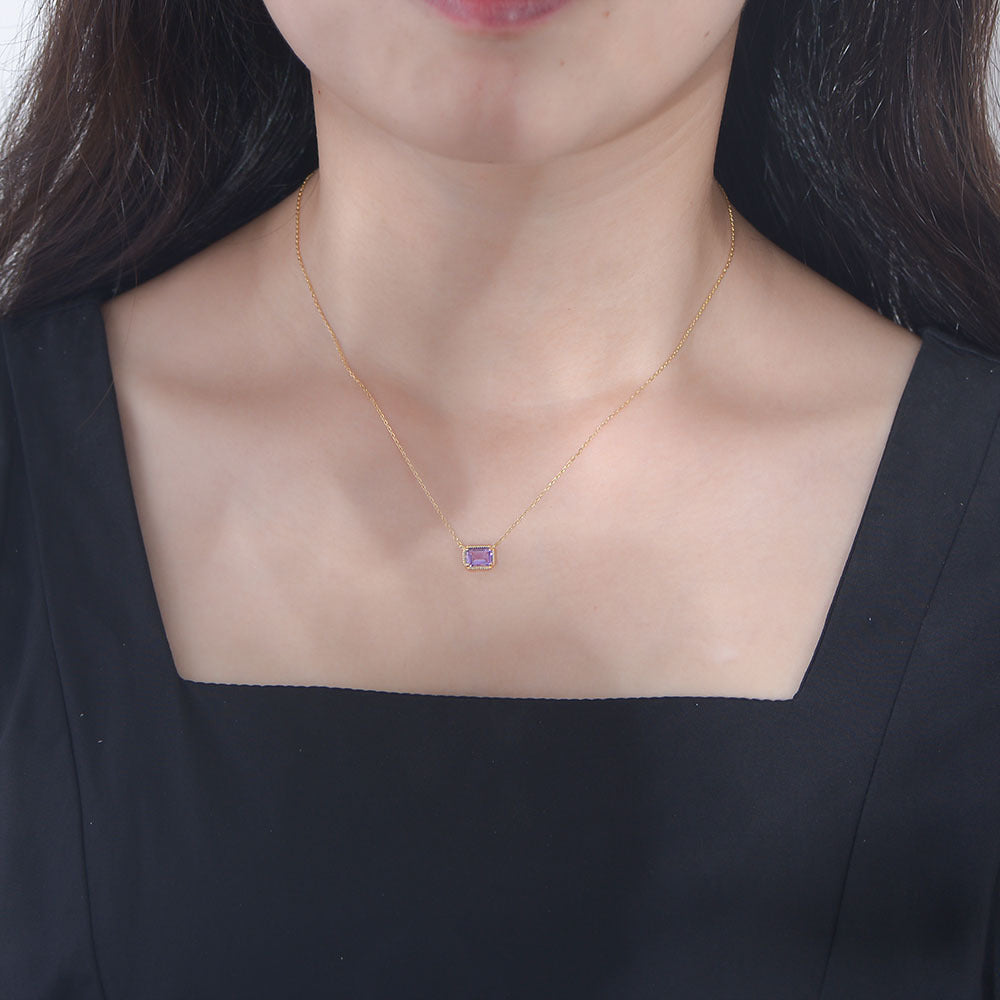 Rectangular Natural Amethyst Sterling Silver Necklace High-End Sense Decoration