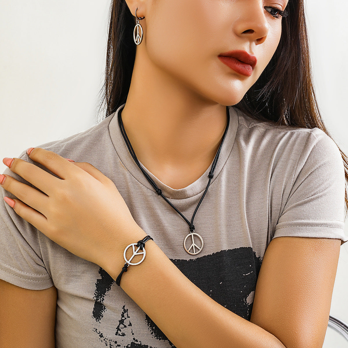 Star Shaped Life Tree Drawstring Necklace Set with Retro Peace Symbol