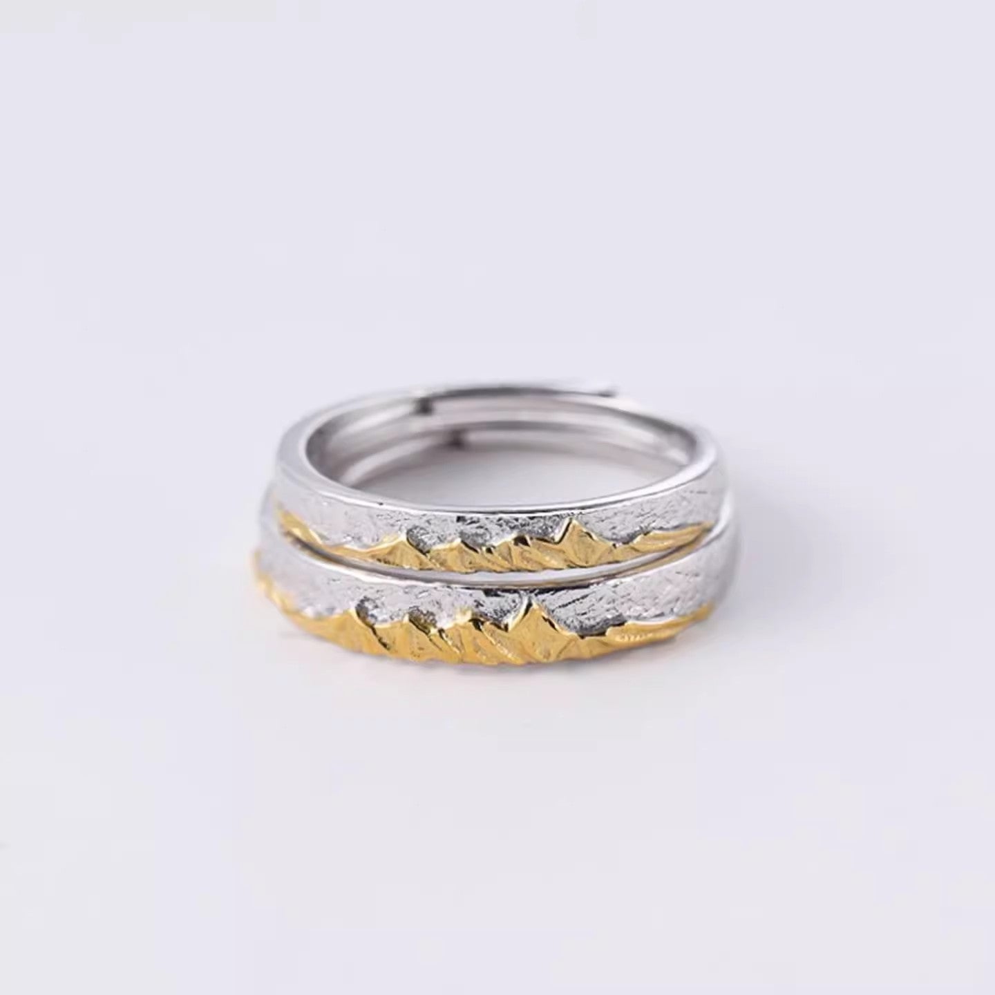 Planderful Sterling Silver Couple Ring 925 Adjustable Open Band With Golden Mountain Design For Her Gift