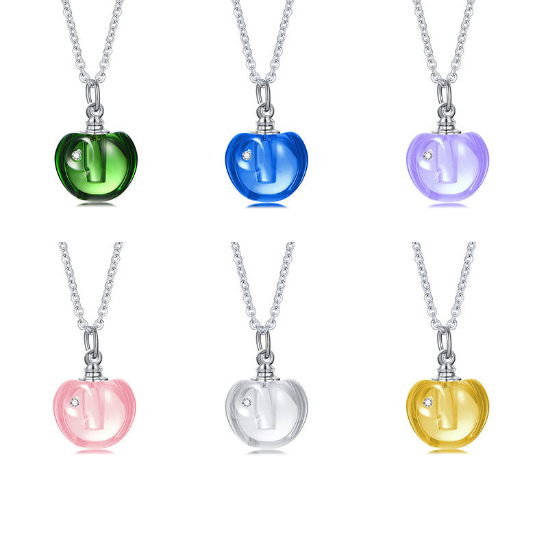 Stainless Steel Green Pink Glass Apple Urn Perfume Pendant Necklace