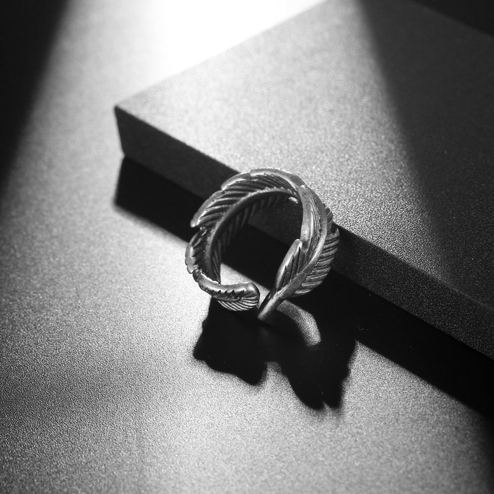 Titanium Steel Feather Ring for Men - European and American Design in Old White Bronze Finish