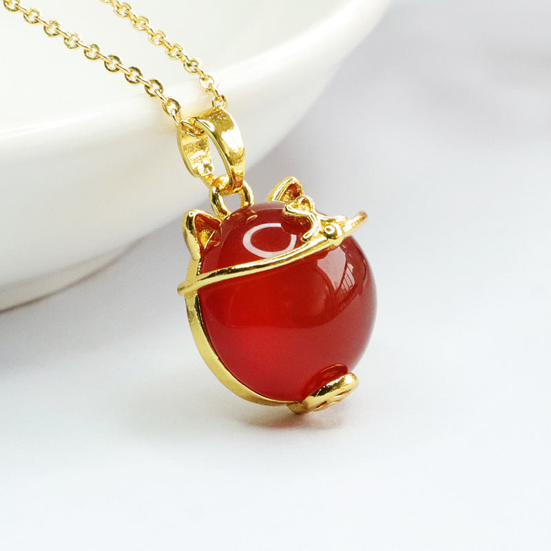 Red Agate Lucky Cat Pendant — No Chain