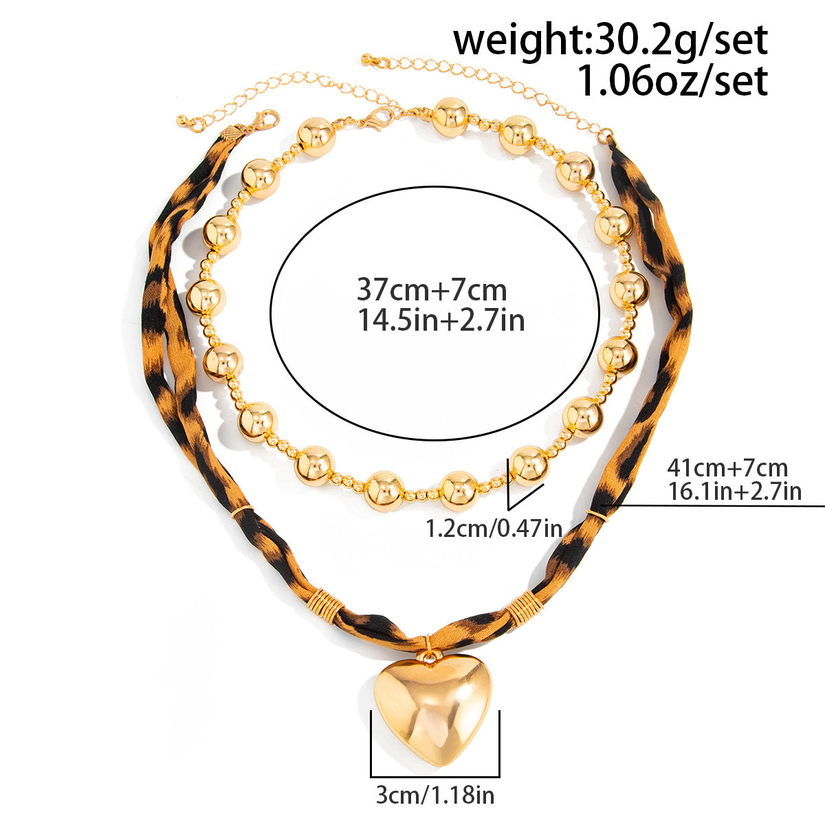 Retro Exaggerated Love Pendant Leopard Print Ccb Round Beads Stacked With Lava Necklace