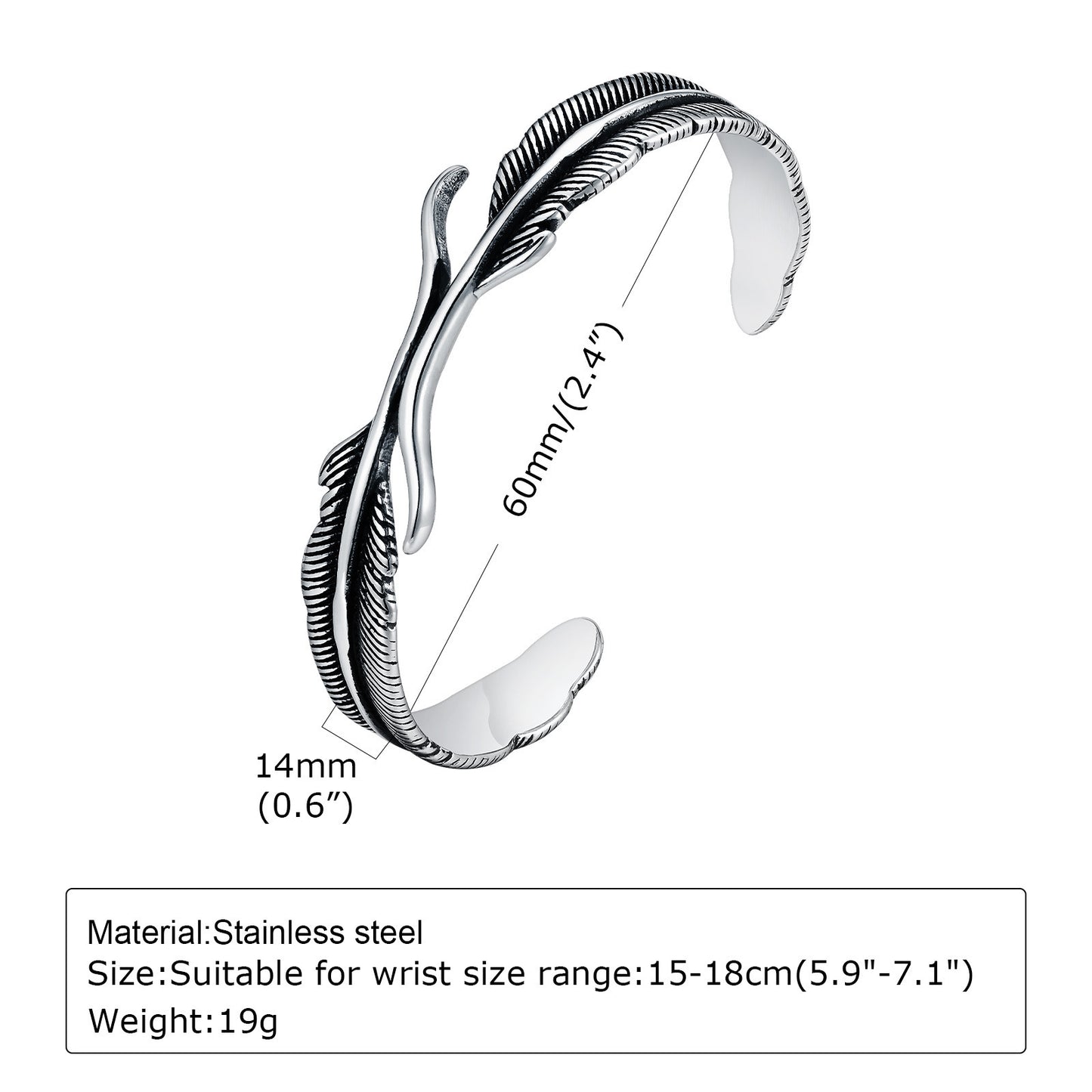 Mens Stainless Steel Open Bracelet Vintage Twist Braided Feather