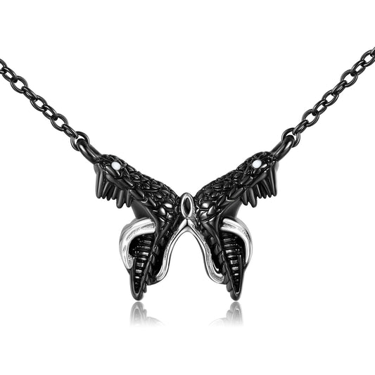 Double Black Snake Head Butterfly Shape Pendant Silver Necklace