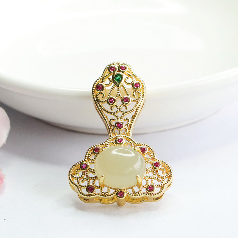 Auspicious Cloud Ruyi Jade Pendant with Hollow Oval Hotan Jade
