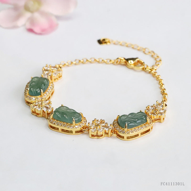 Blue Water Jadeite Leaf Pavé-Style Bracelet