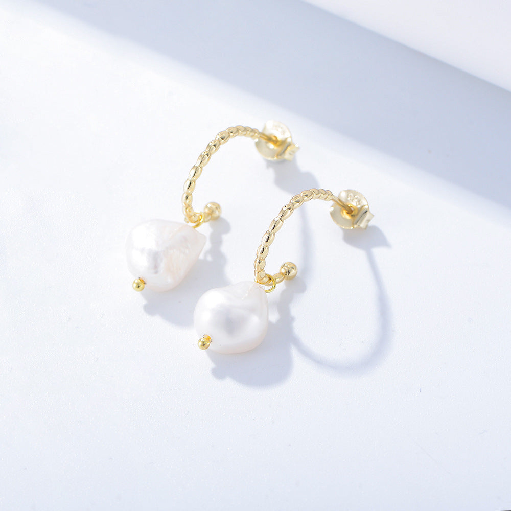 Baroque Natural Freshwater Pearl Earrings 'S S925 Silver C-Shaped Stud Earrings