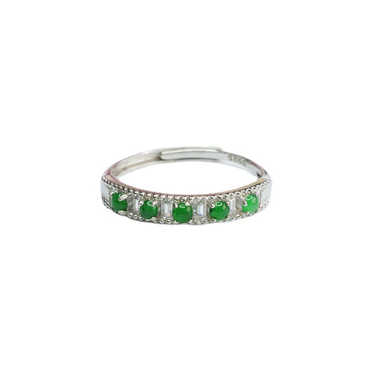 Sterling Silver Adjustable Emperor Green Jade Ring with Row of Five Ice Jade Stones
