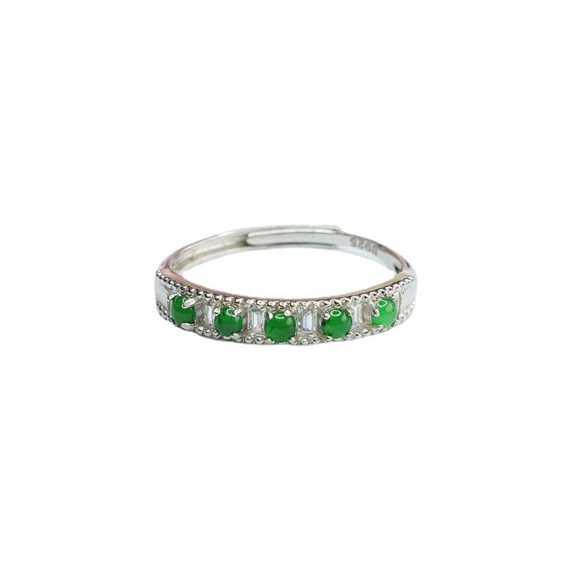 Icy Green Jadeite Row-Set 925 Silver Ring