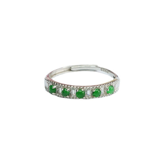 Icy Green Jadeite Row-Set 925 Silver Ring