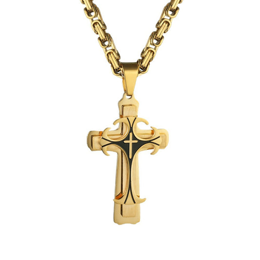 Planderful Three Layer Cross Pendant Necklace Stainless Steel For Men Punk Fashion Accessory