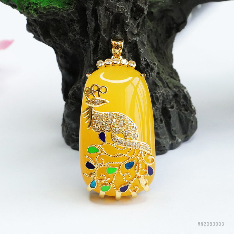 Yellow Chalcedony Cloisonné Phoenix Plaque Pendant — No Chain