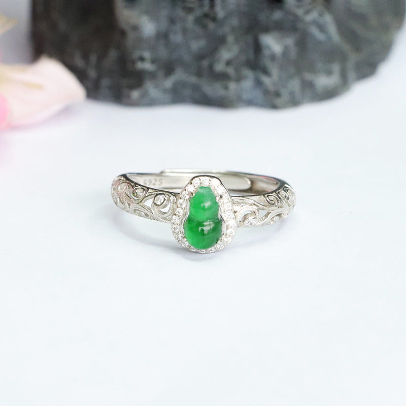 Hollow Sterling Silver Ring with Natural Ice Green Jade Gourd