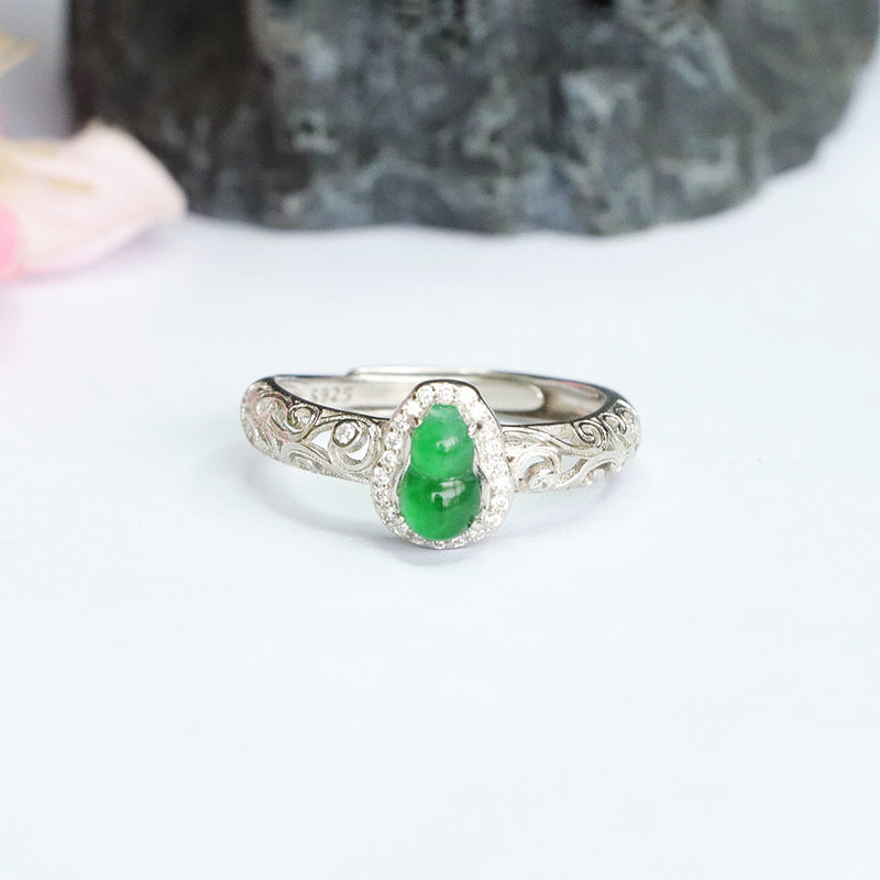 Icy Green Jadeite Gourd 925 Silver Adjustable Ring