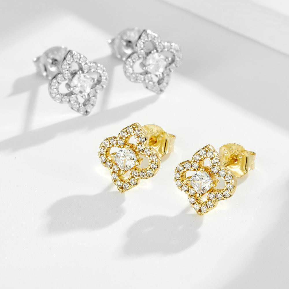 S925 Sterling Silver Four-Leaf Clover Inlaid Zircon Stud Earrings 'S Hollow Zircon Earrings