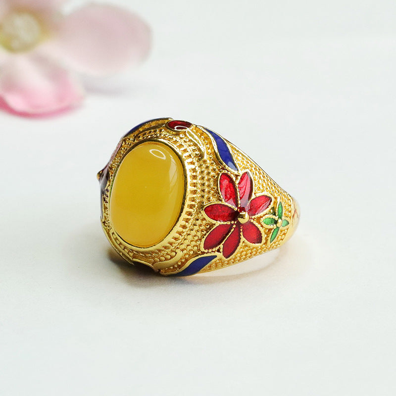 Yellow Amber Wide Flower Ring with Beeswax Accent