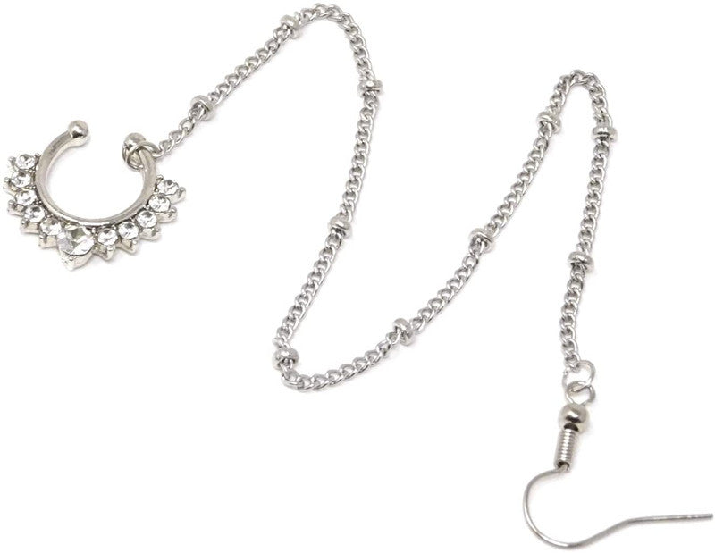 Sparkling Rhinestone Non-Piercing Nose Ring with Chain and Ear Support - Vienna Verve Collection