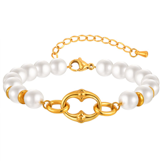 Women's French Stainless Steel Rivets Oval Imitation Pearl Bracelet