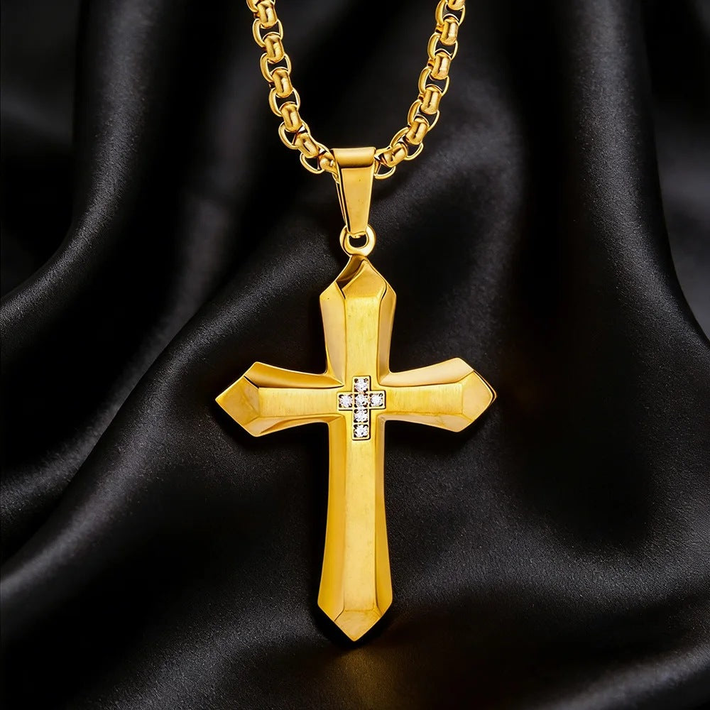 1. Planderful Stainless Steel Zircon Inlaid Cross Pendant For Men Hip Hop Necklace Gift