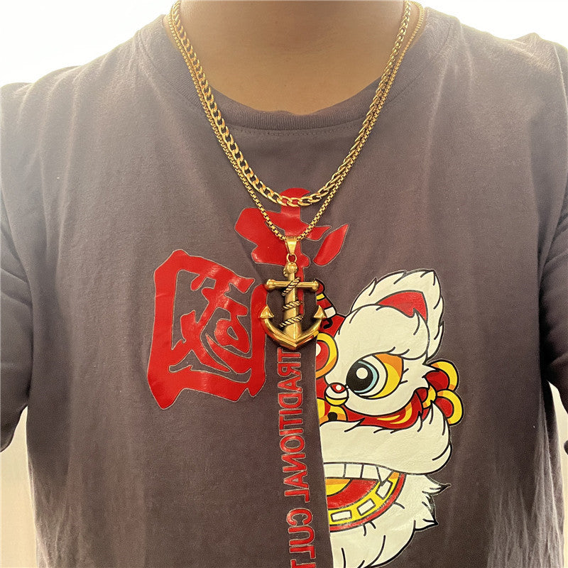 Titanium Steel Gold Anchor Hook Pendant Necklace for Men - Retro Trendy Design