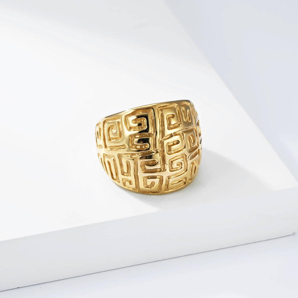 Planderful Titanium Steel Ring Unisex Non Fading Retro Geometric Pattern Everyday Genie