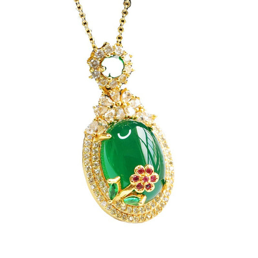 Zircon and Green Chalcedony Necklace with Sterling Silver Blossom Pendant