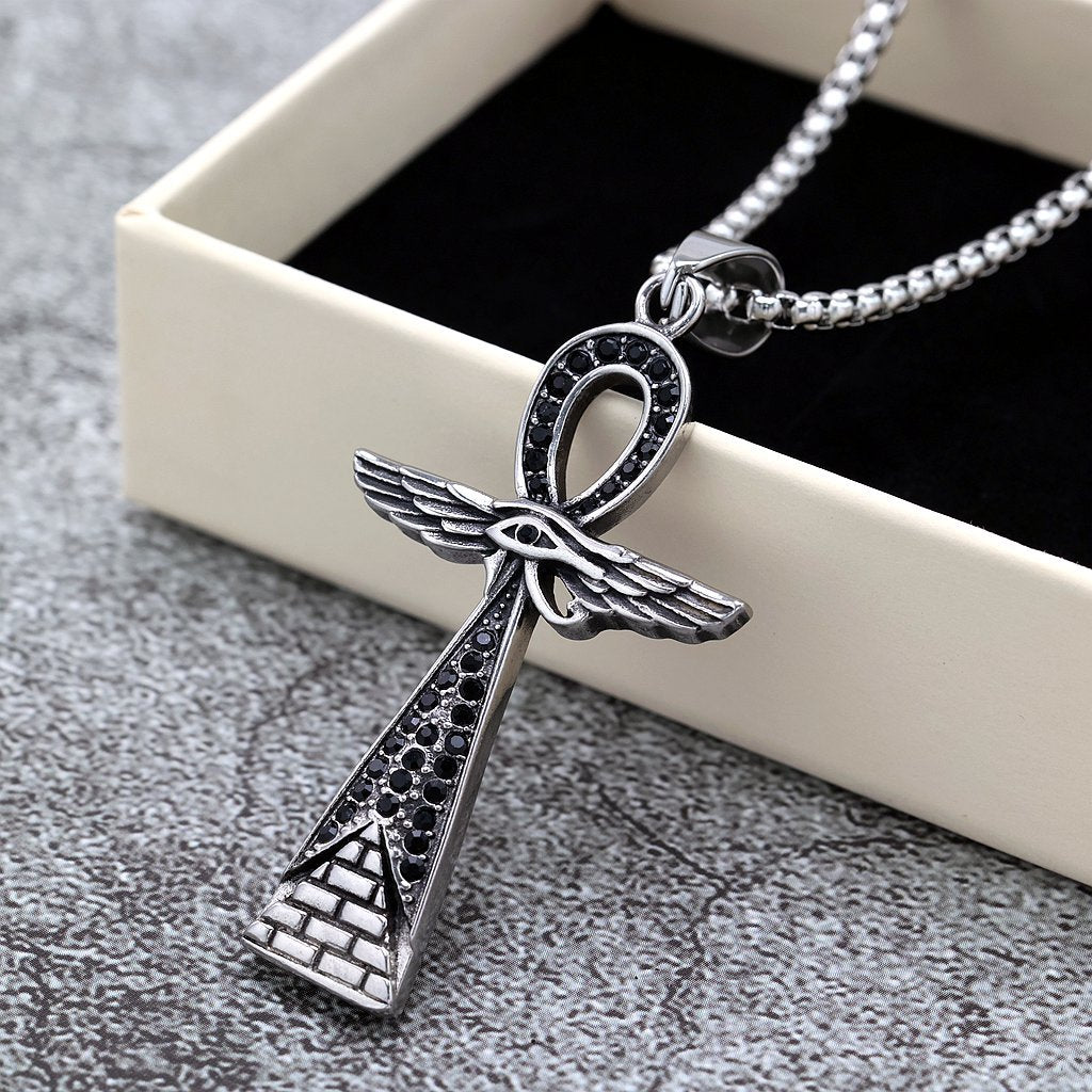 Vintage Cross Egyptian Stainless Steel Pendant Necklace