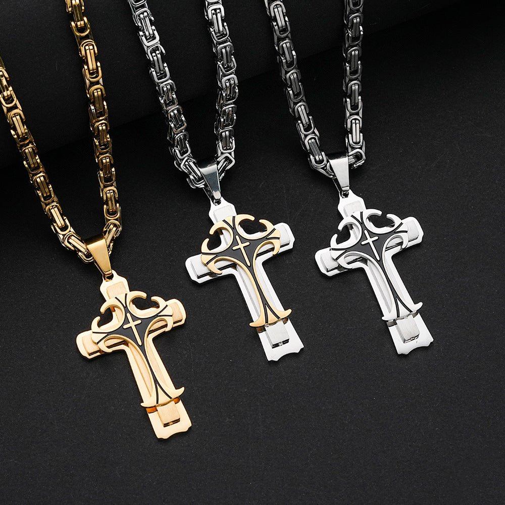 Planderful Three Layer Cross Pendant Necklace Stainless Steel For Men Punk Fashion Accessory
