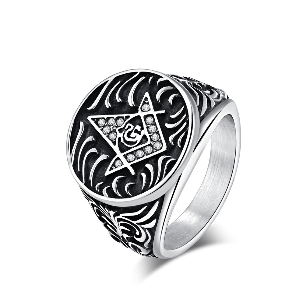 Planderful Masonic Zircon Titanium Steel Ring For Men Retro Fraternity Hand Jewelry Domineering Style