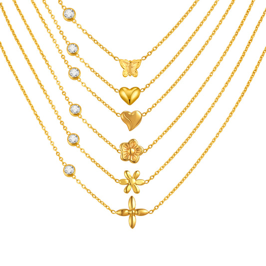 Delicate Sense Women's Collarbone Chain Stainless Steel Flower Heart Butterfly Pendant