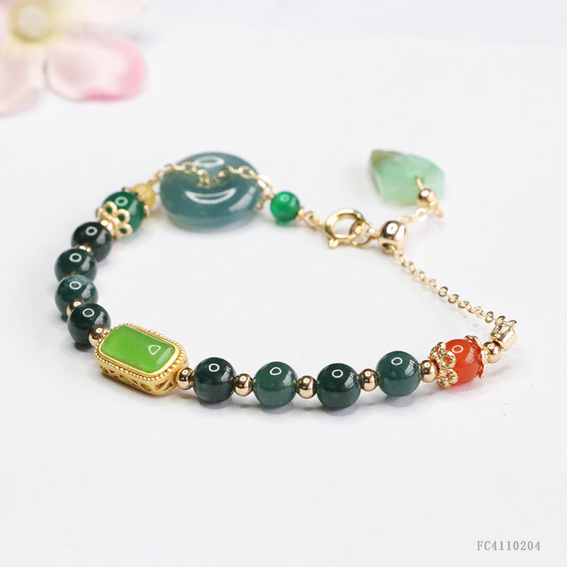 Blue Water Jadeite Peace Buckle & Round Bead 5~6 mm Bracelet