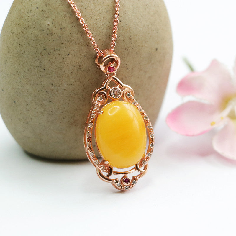 Rose Gold Necklace with Beeswax Amber Zircon Pendant