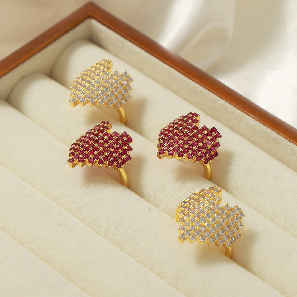 Chic Copper Heart Zircon Ring - Adjustable Light Luxury Jewelry for Women