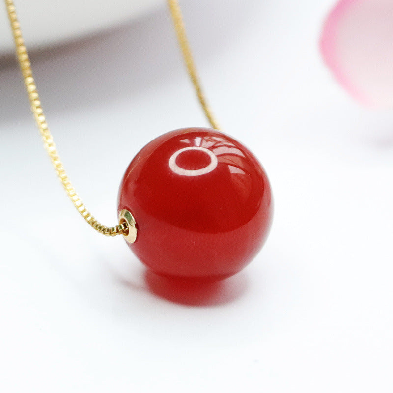 14 mm Red Agate Bead 18K Gold-Set Pendant — No Chain