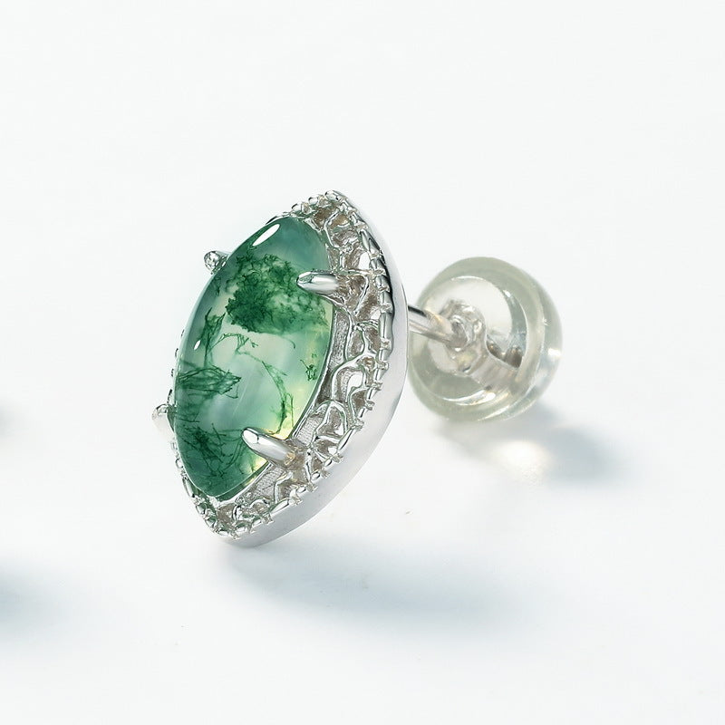 S925 Sterling Silver Gold-Plated Moss Agate Marquise Stud Earrings