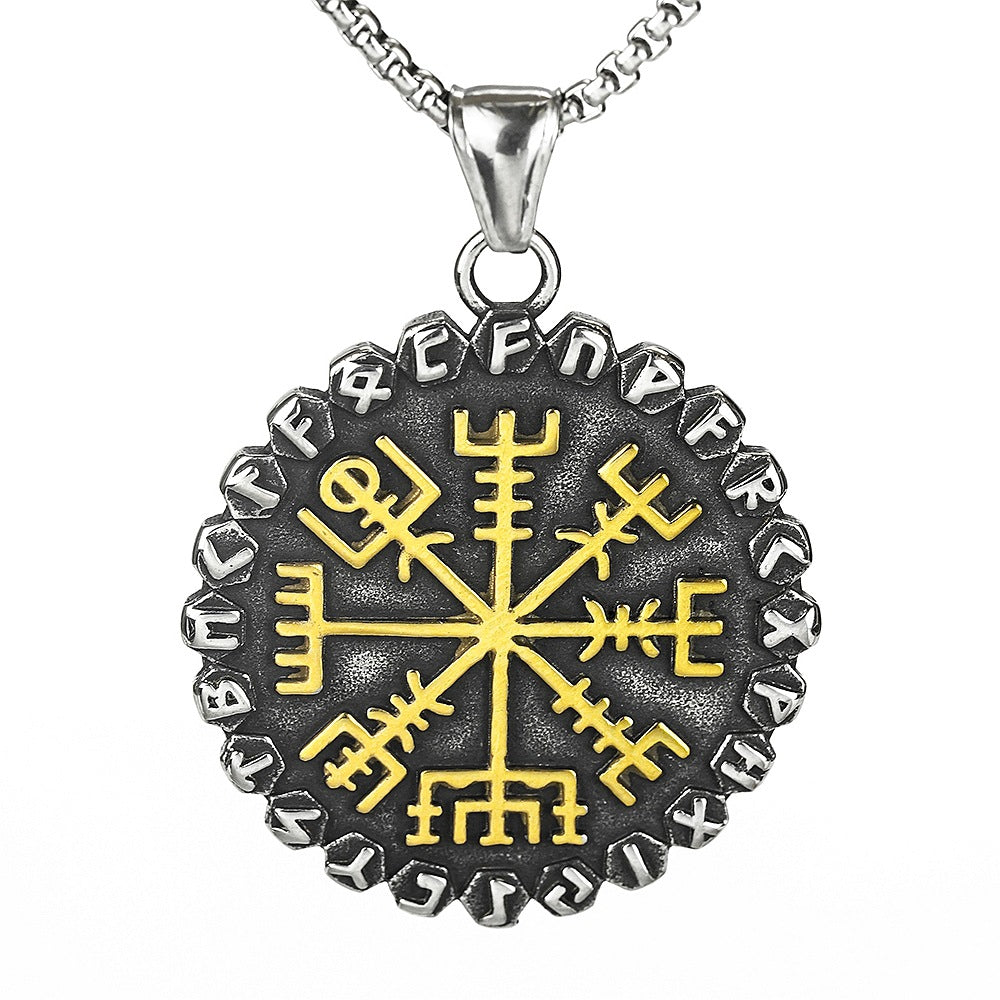 Nordic Retro Stainless Steel Men's Viking Compass Rune Necklace