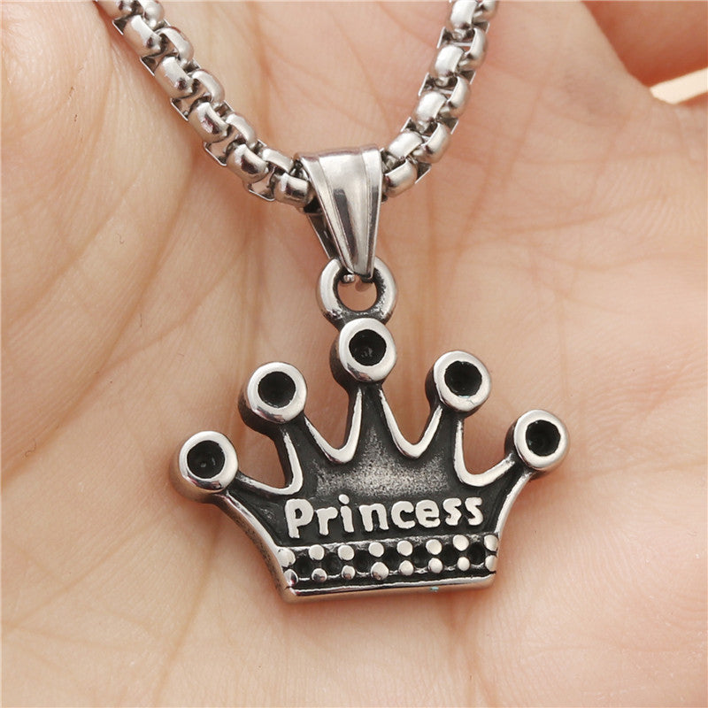 Punk-Inspired Titanium Steel Crown Pendant Necklace for Trendy Girls