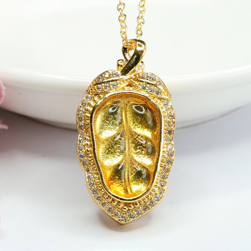 Yellow Amber Leaf Necklace with Beeswax Amber Pendant