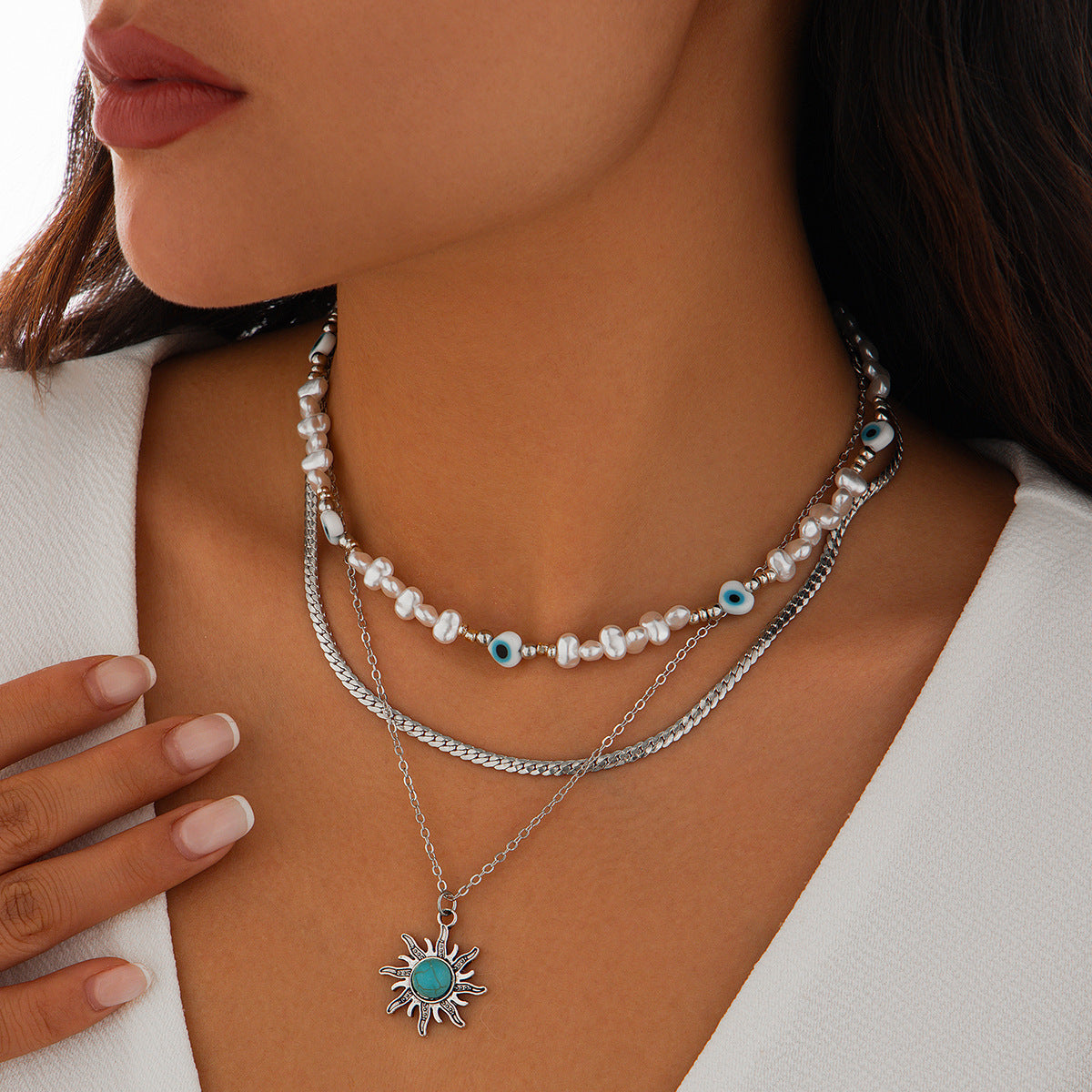 Court Retro Devil'S Eye Necklace Sun Pendant Irregular Pearl Multi-Layer Stacked Necklace
