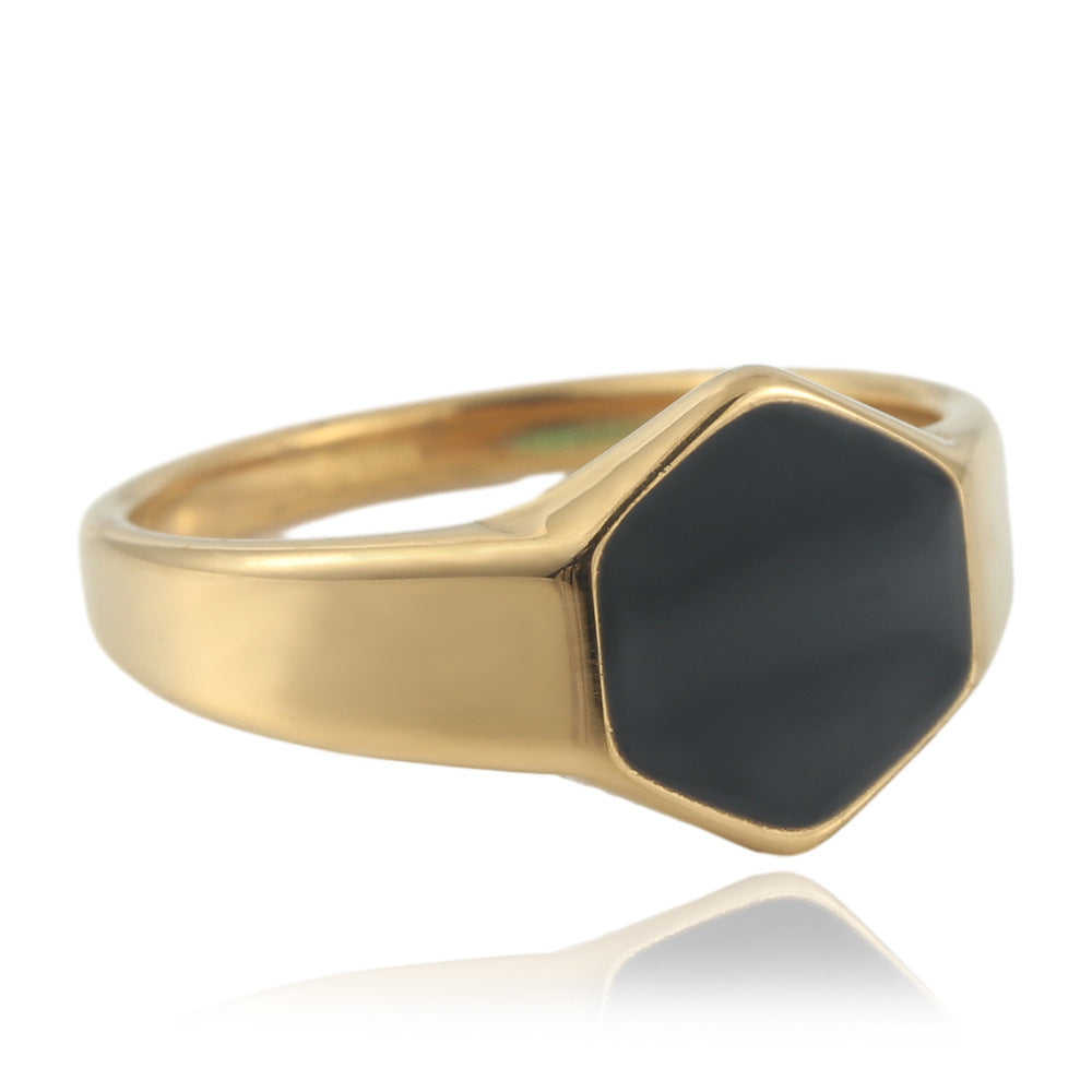 Trendy Hexagonal Titanium Steel Ring with Black Epoxy for Men and Women