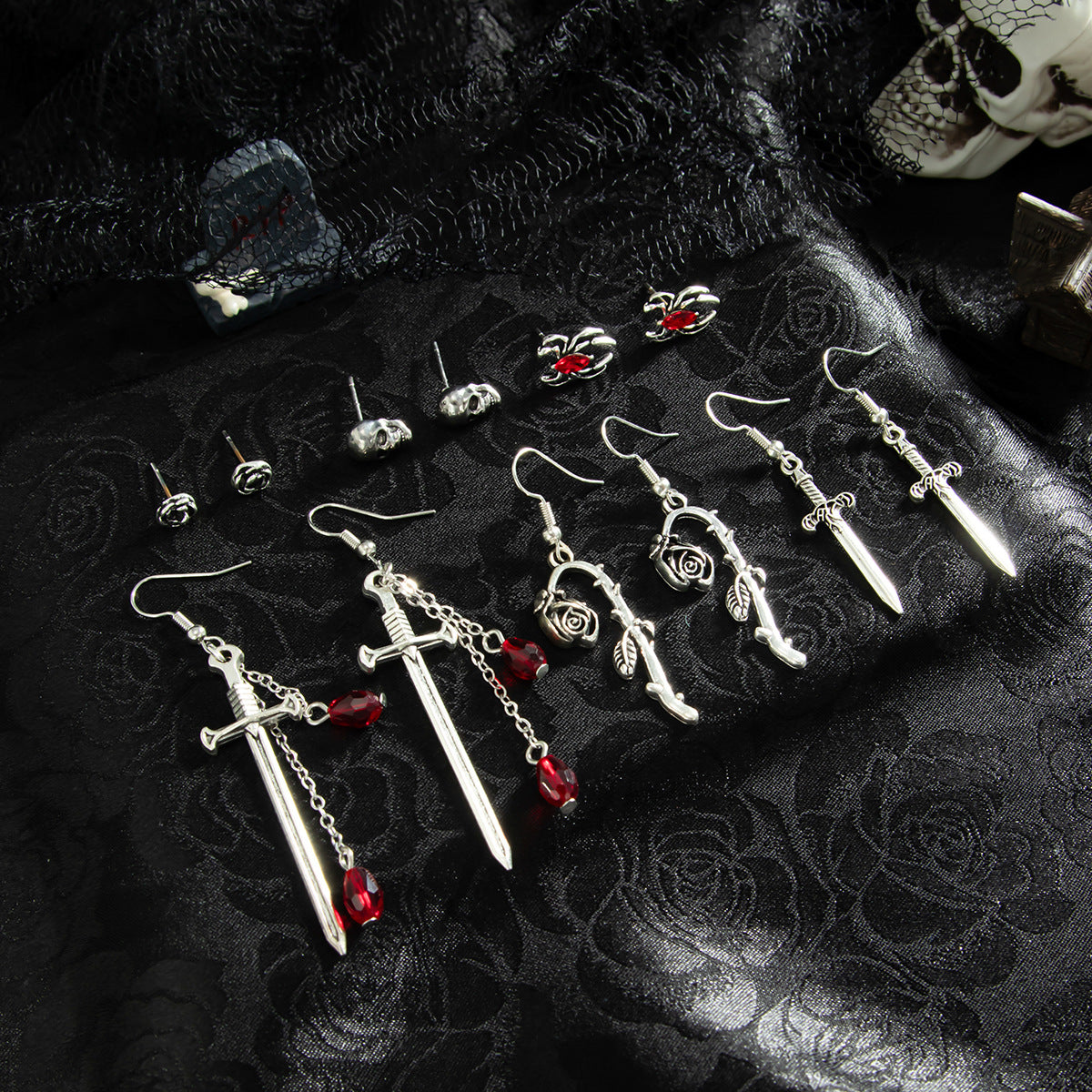 Planderful Gothic Halloween Earrings Set Spider Web Bat Blood Cross With Roses For Women Vienna Verve