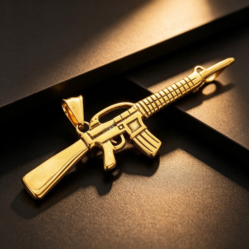 Hip Hop Street Hardcore Military Wind Submachine Gun Shape Pendant Punk Gi Stainless Necklace