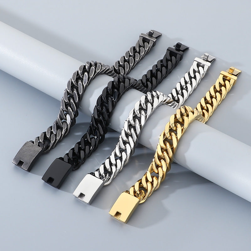 Glossy – 15mm Double Woven Four-Sided Grinding Cuban Chain Titanium Steel Men's Casting Bracelet