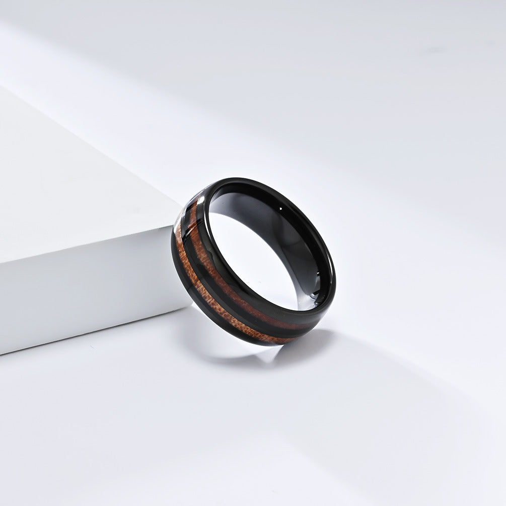Planderful Tungsten Steel Ring With Parquet Wood Inlay Double Groove Unisex Couple Ring