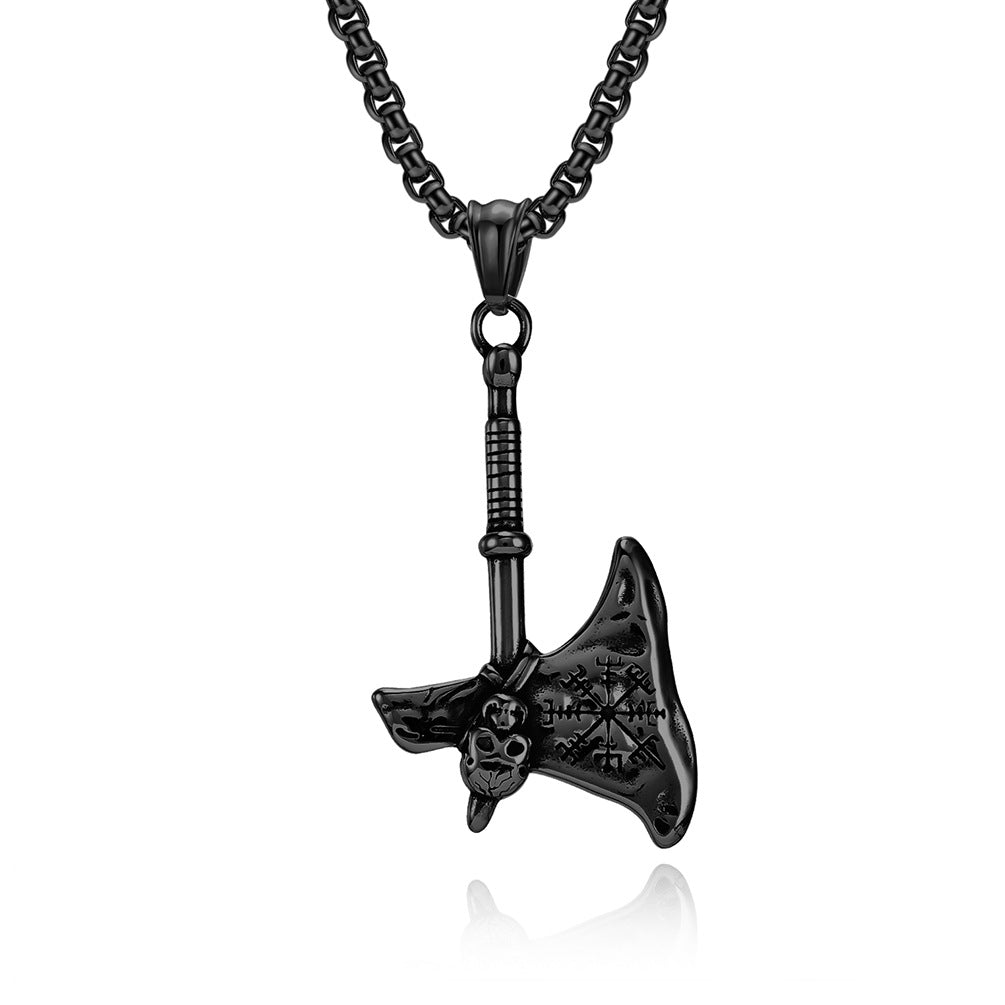 Planderful Nordic Viking Axe Pendant Durable Titanium Steel Necklace For Men Bold Skull Head Jewelry