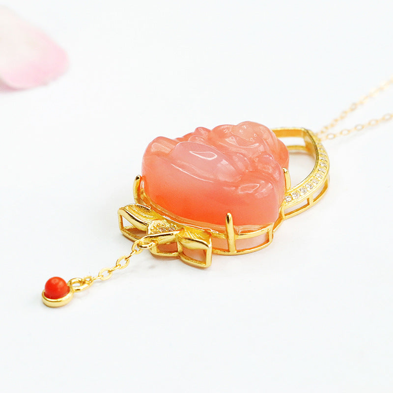 Sterling Silver Buddha Pendant with Agate Gemstone and Zircon Tassel Necklace