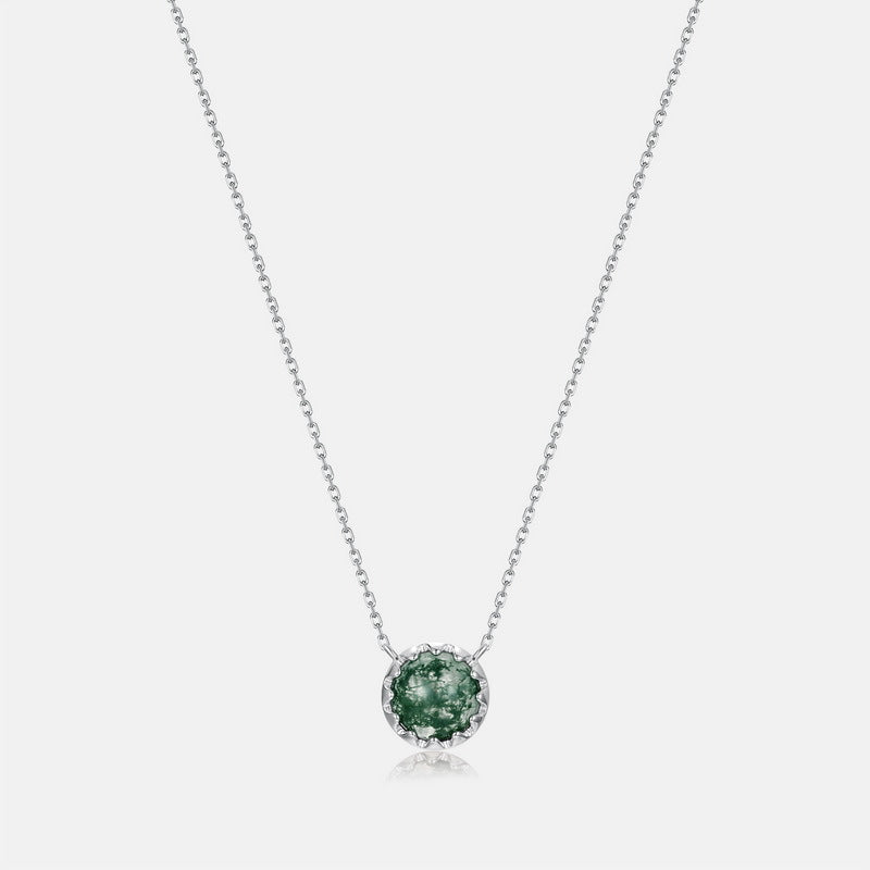 Planderful Jewelry Moss Agate Necklace in Sterling Silver With Zircon Inlays Elegant Retro Style